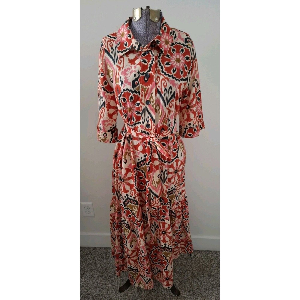ZARA Belted Printed Midi Shirt Dress Multicolored Beige Red Pink Navy Sz S Boho